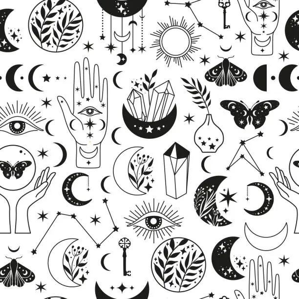 Vector illustration of Seamless pattern Mystical moon phases and woman hands and moth, alchemy esoteric magic space, vector isolated on white background