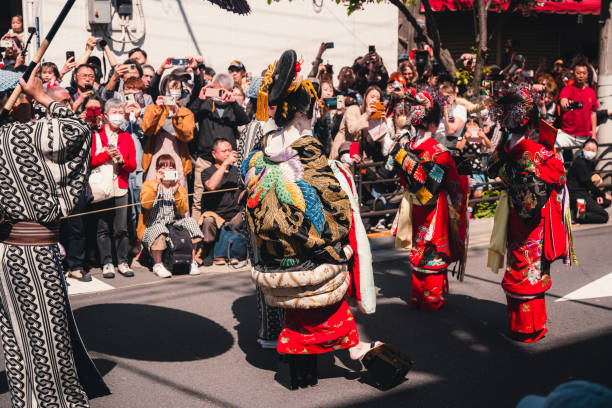 Tokyo, Japan - April 9, 2023: Ichiyo Sakura Festival in Yoshiwara, Asakusa. Japanese traditional courtesans walking in the Edo Yoshiwara Oiran Procession "Ichiyo Sakura Festival". oiran stock pictures, royalty-free photos & images