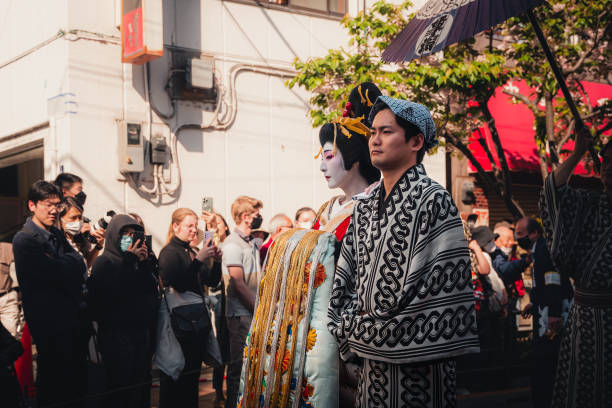 Tokyo, Japan - April 9, 2023: Ichiyo Sakura Festival in Yoshiwara, Asakusa. Japanese traditional courtesans walking in the Edo Yoshiwara Oiran Procession "Ichiyo Sakura Festival". oiran stock pictures, royalty-free photos & images