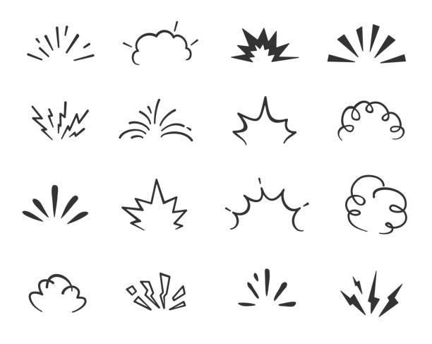 ilustraciones, imágenes clip art, dibujos animados e iconos de stock de explosión de bomba de garabato de dibujos animados, nubes de boom cómicas - choque