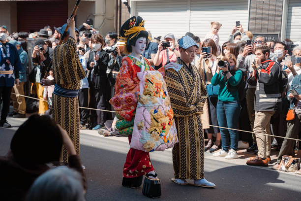Tokyo, Japan - April 9, 2023: Ichiyo Sakura Festival in Yoshiwara, Asakusa. Japanese traditional courtesans walking in the Edo Yoshiwara Oiran Procession "Ichiyo Sakura Festival". oiran stock pictures, royalty-free photos & images