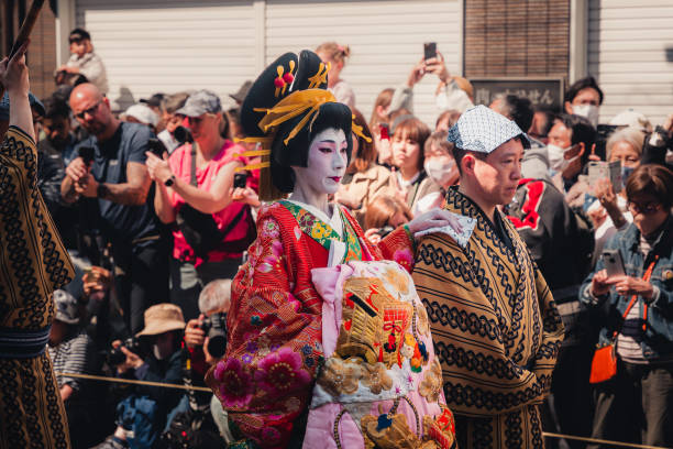 Tokyo, Japan - April 9, 2023: Ichiyo Sakura Festival in Yoshiwara, Asakusa. Japanese traditional courtesans walking in the Edo Yoshiwara Oiran Procession "Ichiyo Sakura Festival". oiran stock pictures, royalty-free photos & images