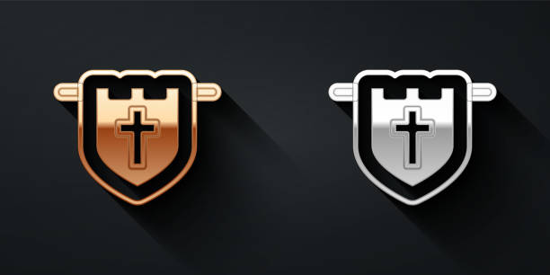 istock Gold and silver Flag with christian cross icon isolated on black background. Long shadow style. Vector 1484336897