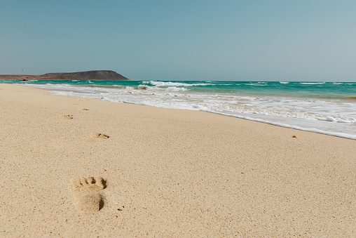 beach, wave and footprints at sunset time