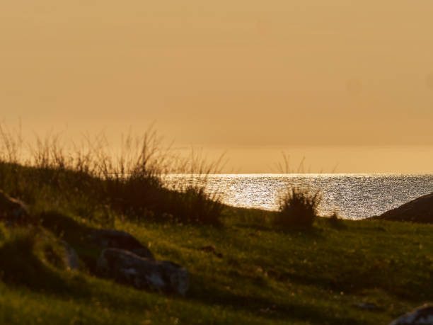 dramatic and golden sunlight over a beach at the coastline of the scottish highlands, UK.