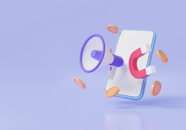 istock Magnet with Megaphone and coins on mobile. Customer attraction with magnet, attracting followers, target attraction, advertising and promotion, Business marketing concept. 3d render illustration 1484339066