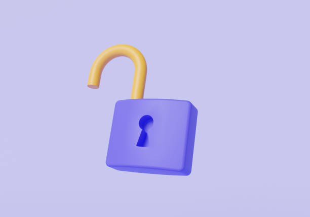 istock Unlocked padlock icon on pastel purple background. Safety, protection, Cyber unlock, encryption, open door purple lock, Private access. security concept. 3d render illustration. Cartoon minimal style 1484339162