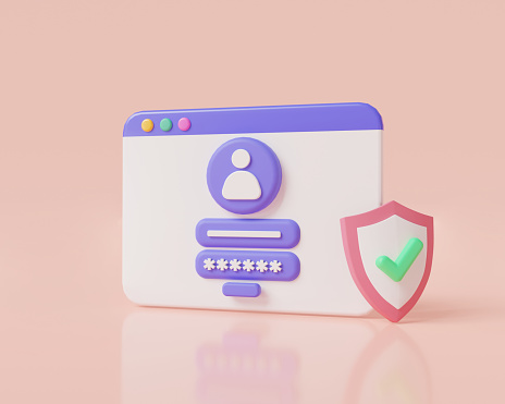 Login and password with shield protection icon on web page. Sign in to account, secure login and password, user login success, cybersecurity. Security personal data, register. 3d render illustration