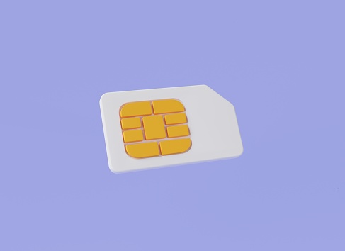 3d minimal rendering illustration of SIM card icon isolated on purple background. Mobile phone SIM card, communication technology, sim card chip, eSIM, New digital technology. Cartoon minimal style