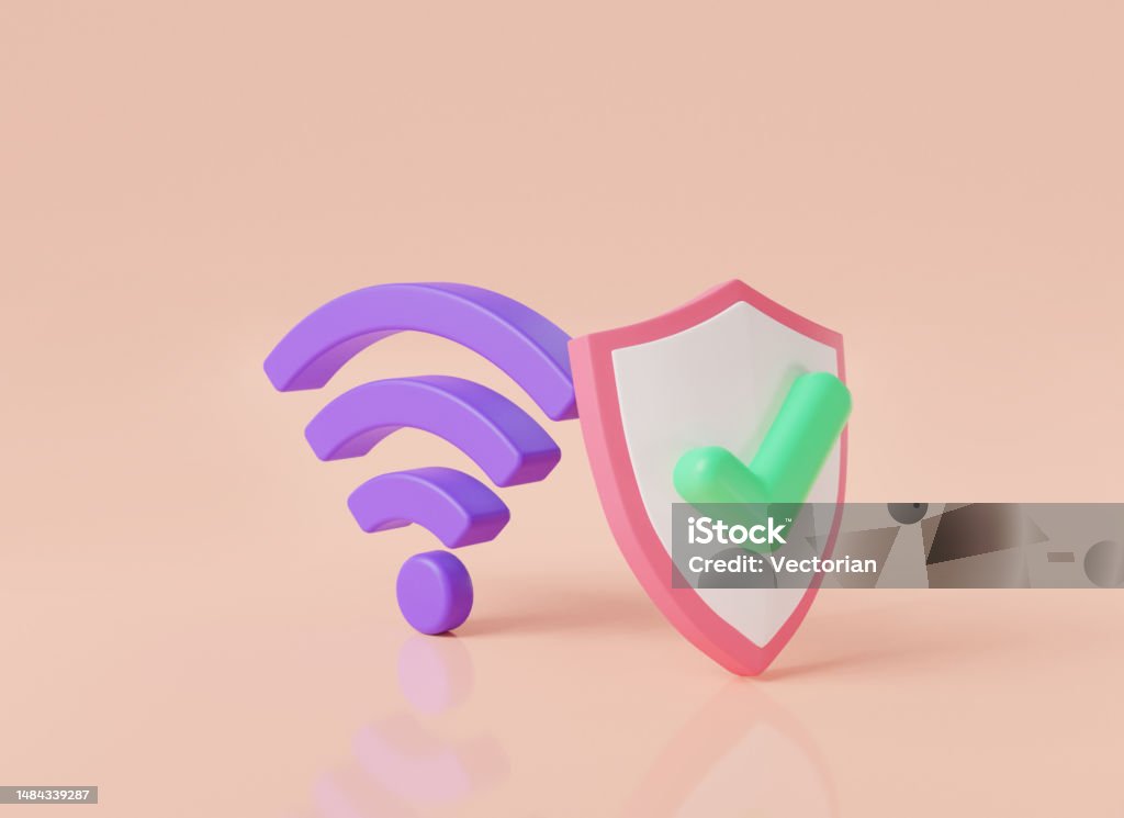 Wifi icon with shield protection and check mark. Internet and Private network, wi-fi symbol, wireless protection, wifi zone, wi-fi security. wifi access concept. 3d icon minimal render illustration VPN Stock Photo