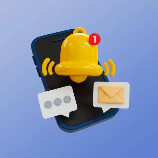3d minimal turn-on notification concept. new update reminder. new notification alert. A bell icon ringing with mail and message icon. 3d illustration. clipping path included.