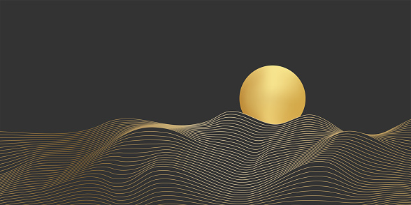 Gold sand dunes, line geometric landscape vector illustration. Abstract minimal zen pattern of waves or peaceful hills under sun, natural panorama with golden luxury texture on black background