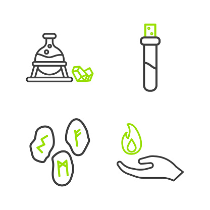 Set Line Hand Holding A Fire Magic Runes Bottle With Love Potion And ...