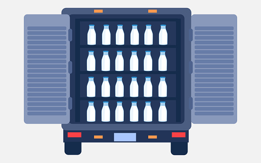 Loaded truck with milk rear view side with open doors express delivering services by truck. vector illustration.