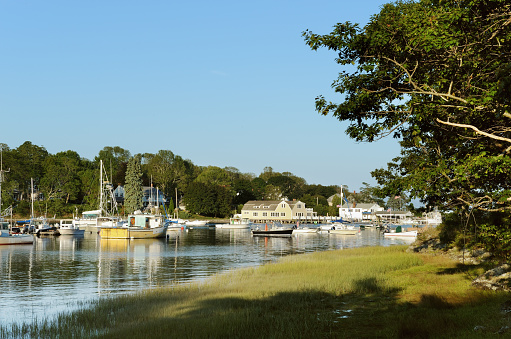 Port of Saint-Gilles-Croix-de-Vie, with Saint Gilles church in the background, commune in the Vendée department in the Pays de la Loire region in western France