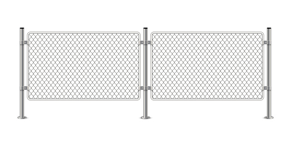 Two section of chain link fence vector illustration. 3D realistic metal grid safety barrier with mesh net between steel or iron poles, isolated border silver or steel structure for fence perimeter.