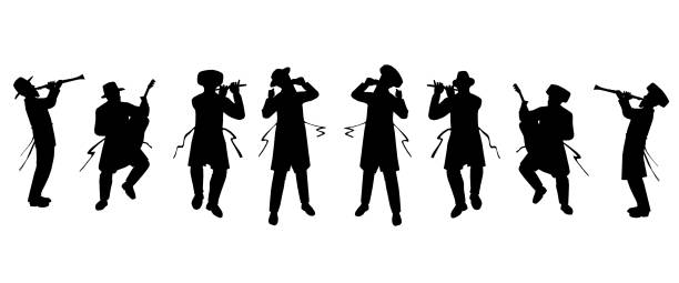 Jewish followers dancing, playing and singing. Flat vector silhouettes. Black on a white background. The figures are dressed in long coats and sashes fluttering to the sides as they move A group of Jewish singers and musicians from history at a klezmer show in Safed, Jerusalem, a Hasidic celebration, Jewish music, Hasidic singers, musicians, musicians, musicians. show. klezmer stock illustrations