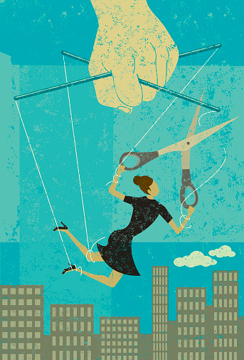 A businesswoman, portrayed as a puppet on a string, cuts herself away from manipulative control to gain her freedom. The puppeteer hand and woman are on a separate labeled layer from the background.