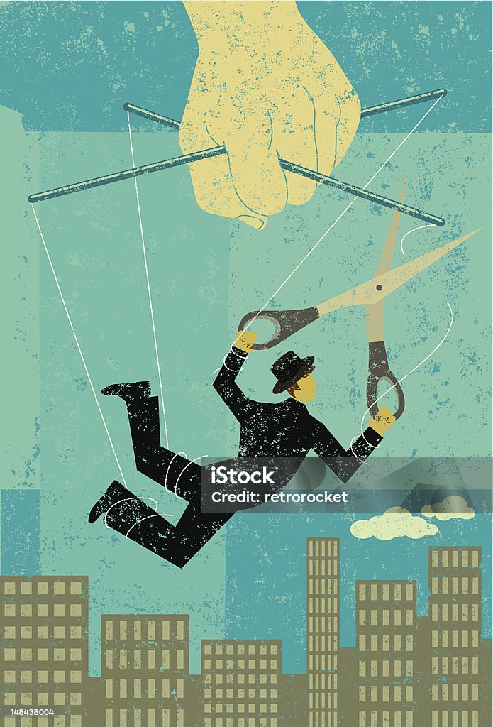 Freedom from the puppeteer A businessman, portrayed as a puppet on a string, cuts himself away from manipulative control to gain his freedom. The puppeteer hand and man are on a separate labeled layer from the background. Marionette stock vector