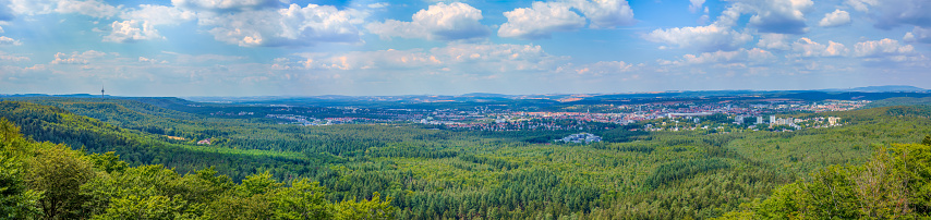 High-resolution panoramic view of Kaiserslautern and the Palatinate Forest from the direction of the Humbergturm tower.