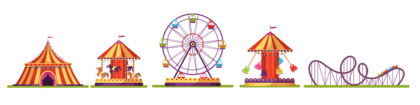 Amusement park set vector illustration. Cartoon cute ferris wheel and fair circus tent, merry go round carousel and roundabout with horses, isolated carnival attractions collection for fairground