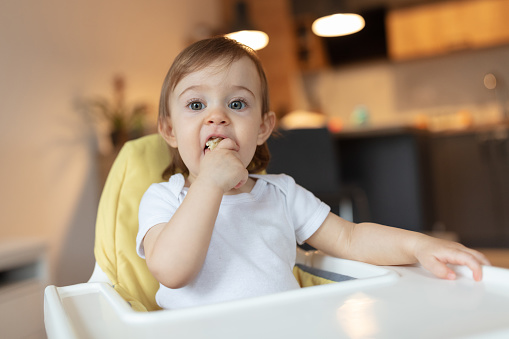 Adorable one year old child sitting in the highchair having a snack, shallow depth of field