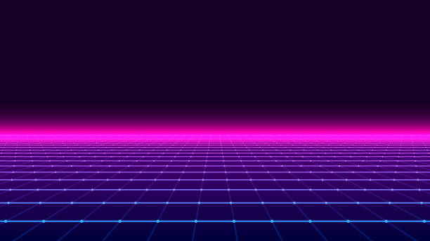 istock Abstract retro perspective grid. Vector futuristic polygonal background in the style of the 80s and 90s. Detailed wireframe landscape with lines on black background. Digital space with mesh. 1484390301