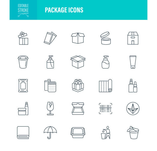 Package Icons Editable Stroke Packaging Icon Set Editable Stroke. Contains such icons as Bag, Recycling, Cardboard, Box - Container, Package, Delivery, Pizza, Fast Food, Takeaway polystyrene box stock illustrations