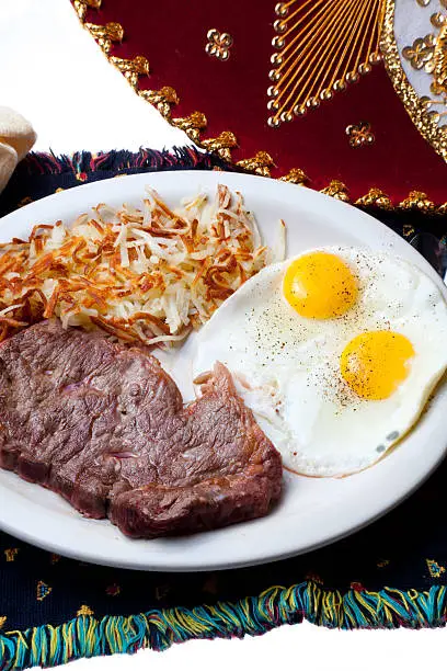 Steak, eggs and hashbrowns with place mat red sombrero