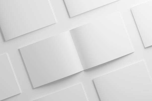 US Letter Landscape Saddle Stitch Bifold Brochure Catalog White Blank 3D Rendering Mockup