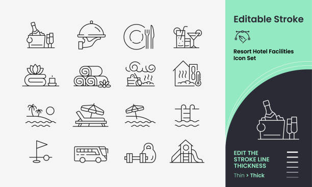 ilustraciones, imágenes clip art, dibujos animados e iconos de stock de instalaciones del hotel resort stroked vector icon set - lugar turístico