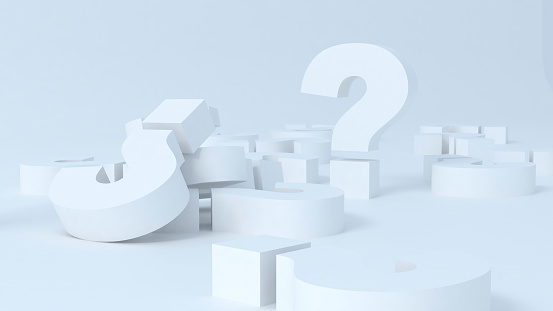 Close up image of large pile of question marks one standing. 3D render