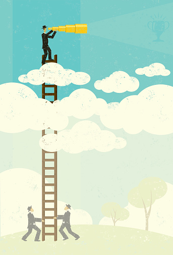 A businessman vaguely seeing his goal in the future with a telescopic spyglass above the clouds. Businessmen, below in the fog, help by holding his ladder. The people and ladder and background are on separate labeled layers.