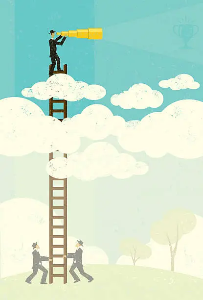 Vector illustration of Cartoon of a man climbing a ladder to see above the clouds