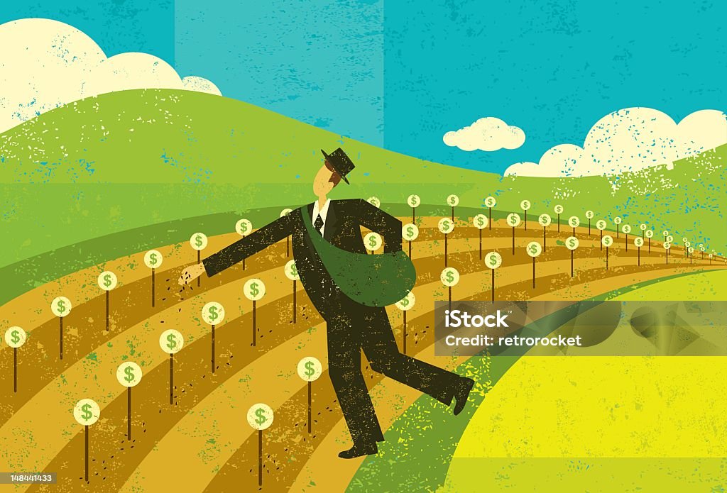 Illustration of man planting seed for financial growth A businessman planting the seeds for future financial growth.The man and background are on separate labeled layers. Sowing stock vector