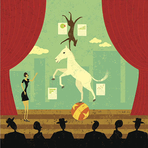Dog and Pony show A businesswoman presenting her dog and pony show to other business people. The woman, dog and pony are on a separate labeled layer from the stage and audience. dog and pony show stock illustrations