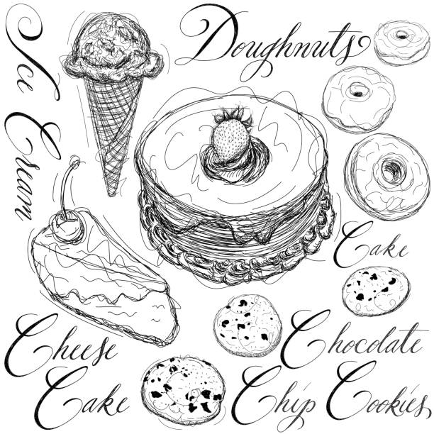 Dessert sketches Dessert sketches with calligraphy. The desserts are an ice cream cone, doughnuts, cake, cheesecake, and chocolate chip cookies. chocolate chip cookie drawing stock illustrations