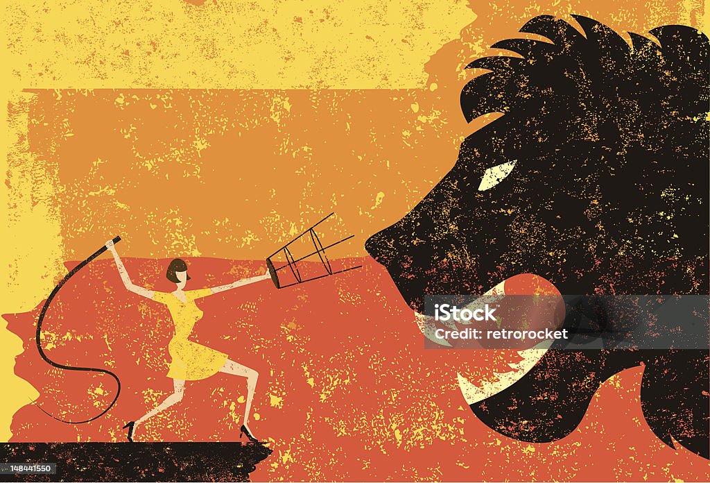 lion tamer A lion tamer cracking her whip at a large lion head over an abstract background. The lion tamer & lion are on a separate labeled layer from the background. Courage stock vector