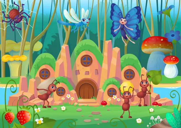 Vector illustration of Anthill with ants. Background for children in cartoon style.Scene of insects. House with many windows in the mountain. Stone house.