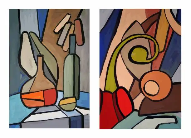 Vector illustration of Abstract art. Still life paintings set. Two paintings. Collection. Bright colors. Mosaic art.