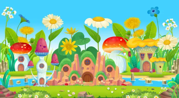 Vector illustration of Magic houses mushrooms in the grass and flowers. Fantasy island. House with many windows in the mountain. Hobbit house, castle in the mountain, hills with houses, anthill. Cartoon style for kids.