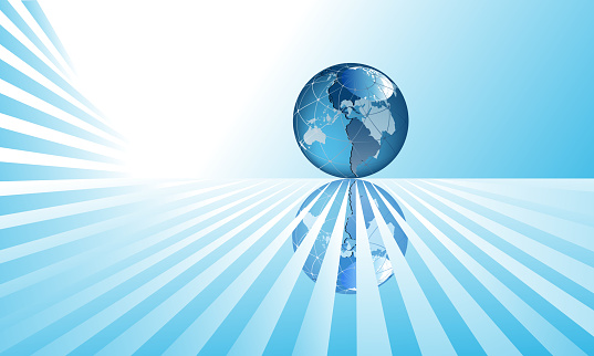Illustration of a stylish and modern blue globe background. Space for copy/text. Can be cropped to fit any size/format. All elements are separate objects, grouped and layered.