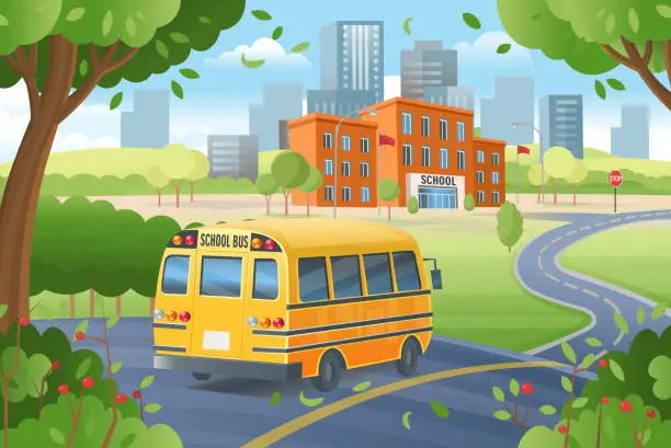 Vector illustration of Yellow school bus on the way to school.  Back to school. Road to school. Cartoon vector illustration.