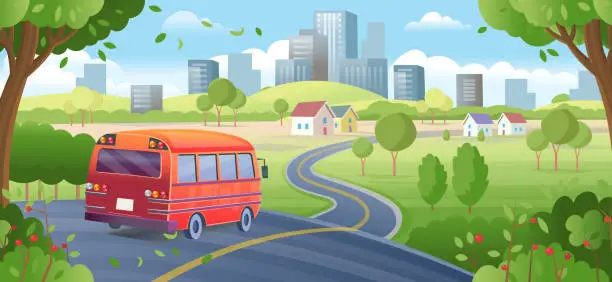 Vector illustration of red car driving on the road to the city. Suburb houses with road and city buildings on skyline in summer. Landscape with winding road, suburban houses and skyscrapers on the horizon.village, beautiful