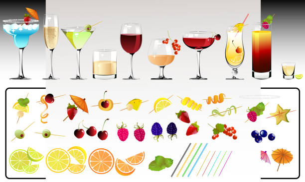 Cocktail Drinks with Variety of Garnishes vector art illustration