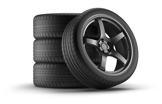 set of car tires and wheels isolated on a white background. 3d rendering.