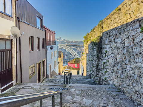 Narrow streets in Oporto city in Portugal. The historic centre of Porto was designated a UNESCO World Heritage site in 1996.