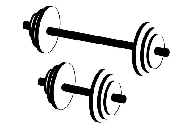 Vector illustration of Black Vector barbell and Dumbbell, isolated on white