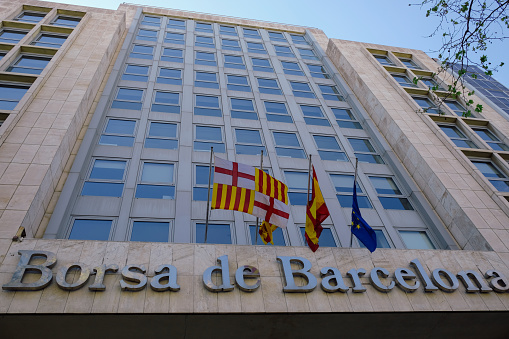 Barcelona, Spain - 04 04 2023: Barcelona stock exchange Borsa de Barcelona is a stock exchange located in Barcelona, and is one of the main exchanges in Spain. It is located in the Eixample District, on Passeig de Gracia.