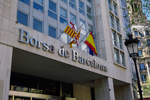 Barcelona, Spain - 04 04 2023: Barcelona stock exchange Borsa de Barcelona is a stock exchange located in Barcelona, and is one of the main exchanges in Spain. It is located in the Eixample District, on Passeig de Gracia.